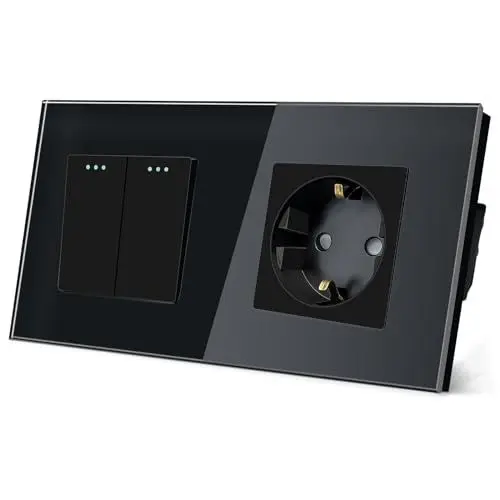Produktbild: TAWOIA Lichtschalter mit Steckdose 2 Fach 1 Weg Glas Platte Unterputz Taste Schalter mit Schuko Steckdose 16 Amp 86 * 157mm Schwarz Wechselschalter