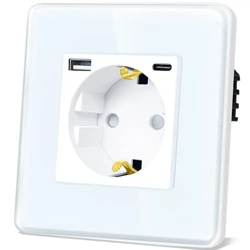 Produktbild: TAWOIA Schuko Steckdose Mit 20W(MAX 4A) USB Schnelllade Schnittstelle, EU-Standard 1 Fach Unterputz Mit 2,5D Curved Glas Platte, Wandsteckdose Weiß 86 * 86mm