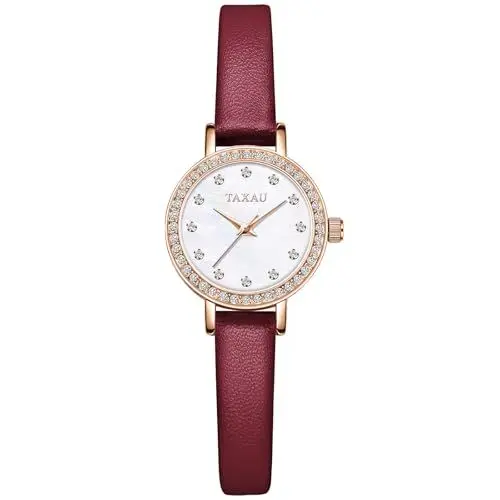 Produktbild: Taxau Mode Lederuhren für Damen Elegent Mode Frauen Wasserdicht für kleine Handgelenke Uhren mit Diamant Weiß Gesicht Analoge Quarzuhren