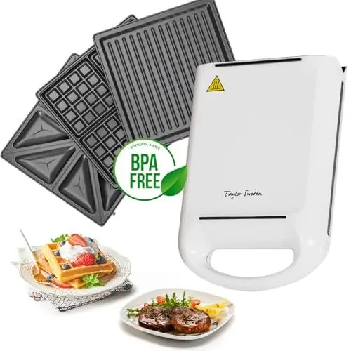 Produktbild: Taylor Swoden Manor Waffeleisen Sandwichtoaster, 3-in-1, mit Kapazität für 4 Sandwiches, 1200 W, 3 abnehmbare Platten Sandwiches, Waffeln und Grill, Antihaftbeschichtung, Weiß
