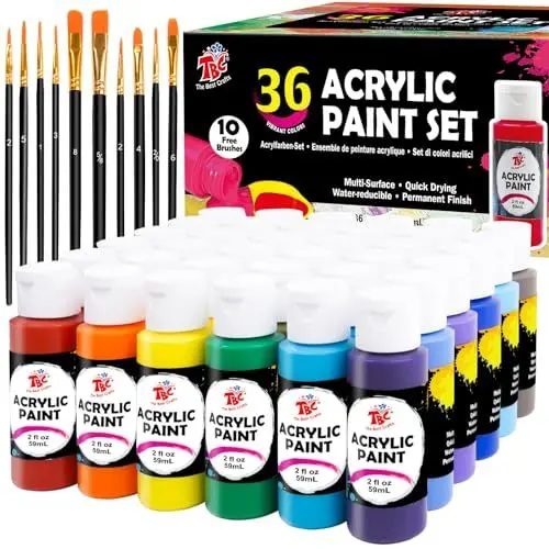 Produktbild: TBC Acrylfarben Set 36 x 60ml Acrylic Paint Set mit 10 Pinseln Wasserfest und Lichtecht Schnell Trocknend, Acrylfarbe für DIY Stein, Keramik, Holz, Leinwand