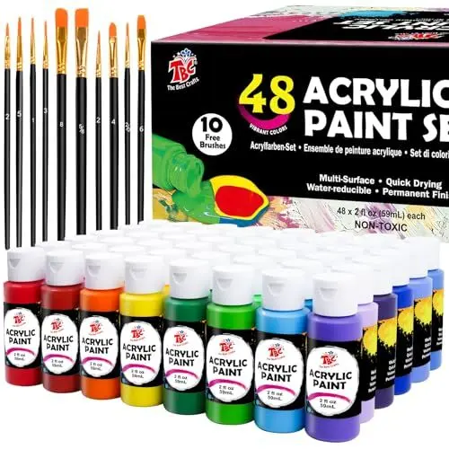Produktbild: TBC Acrylfarben Set 48 x 60ml Acrylic Paint Set mit 10 Pinseln Wasserfest und Lichtecht Schnell Trocknend, Acrylfarbe für DIY Stein, Keramik, Holz, Leinwand