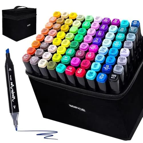 Produktbild: TBC The Best Crafts 80 Farben Alkohol Marker, Doppelseitiger Alcohol Marker Stifte Set, Schnell Trocknend und Permanenter Alkoholmarker set für Malerei, Design, Manga