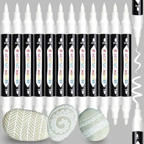 Produktbild: TBC The Best Crafts Acrylstifte Weiß 12 Stück, Doppelspitze Acrylstifte für Steine Wasserfest, Steine Bemalen Stifte, Acrylic Paint Marker, Glasmalstifte für Leinwand, Holz