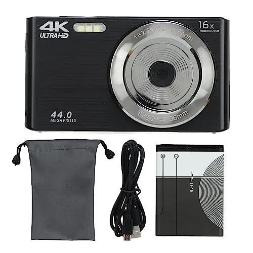 Produktbild: Tbest 4K-Digitalkamera, 4K-Kamera, 16-facher Digitalzoom, 2,8-Zoll-Bildschirm, 4K, 44 MP, Stoßfest, Vlogging-Kamera, Camcorder für Fotografie (Black)