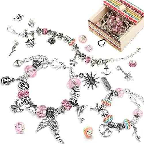 Produktbild: TBoonor Charm Armband DIY Kit Geschenk für Mädchen, mit 50 Elemente Perlen Anhänger und 3 Größen Silber Kette, Rosa Schmuck Armbänder Bastelset für 6 Jahre und älter Teens (1-Rosa)