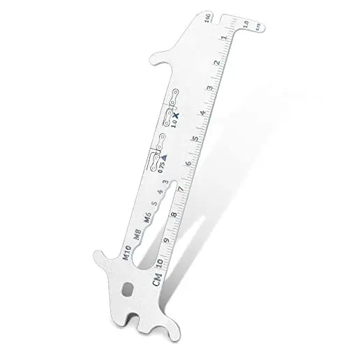 Produktbild: TBoonor Kettenmesslehre 7-in-1 Kettenlehre Fahrrad, Kettenverschleißlehre Multitool mit Kettenhaken,Lineal 10cm,14G Fahrrad Speichenschlüssel für Shimano, Avid, Hayes, Magura, Silber