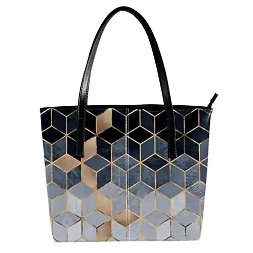 Produktbild: TBOUOBT Tragetasche für Damen Strandtasche Handtaschen für Damen Geldbörsen Laptoptasche Umhängetasche mit Reißverschluss,Würfel goldenes graues geometrisches Muster