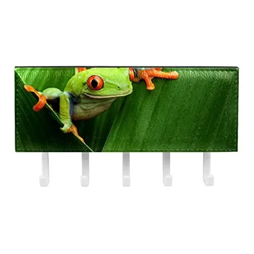 Produktbild: TBOUOBT Wandmontierter Schlüssel- und Posthalter, Schlüsselbrett mit 5 Schlüsselhaken, rustikale Heimdekoration für den Eingangsbereich,Tropisches Blatt Frosch Tier