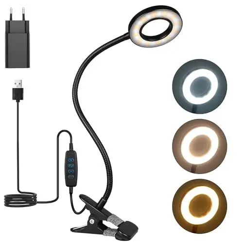 Produktbild: TBTeek LED Klemmleuchten, 48 LED Leselampe Bett Klemmbar, Augenpflege Schreibtischlampe, 3 Modi & 10 Dimmstufen, Klemmleuchte für Büro Heimgebrauch, CE Adapter Enthalten, Schwarz