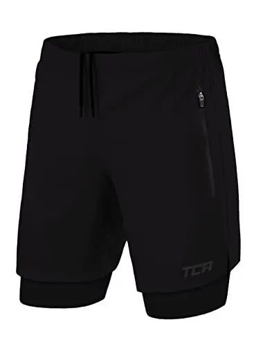 Produktbild: TCA Ultra Laufhose Herren 2 in 1 Kurze Sporthose Trainingsshorts Laufshorts mit integrierter Kompressionshose und Reißverschlussfach - Schwarz (2X reißverschlusstasche), M