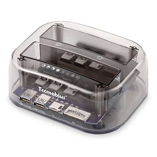 Produktbild: Tccmebius TCC-S866 USB 3.0 zu SATA Doppel Bay Extern Festplatte Dockingstation mit USB 3.0 Hub und Karte lesen für 2.5 3.5 Zoll SATA HDD SSD, Unterstützung von Offline Clone / UASP-Funktionen (20TB×2)