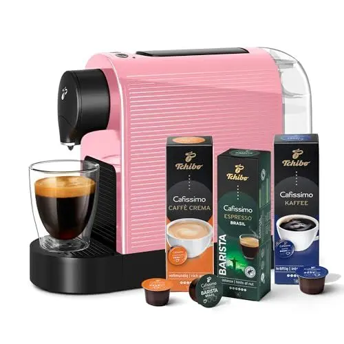 Produktbild: Tchibo Cafissimo „Pure plus“ Kaffeemaschine Kapselmaschine inkl. 30 Kapseln für Caffè Crema, Espresso und Kaffee | 0,8l | 1250 Watt | 11,9 x 33,7 x 24 cm | Cherry Blossom