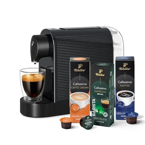 Produktbild: Tchibo Cafissimo Pure plus Kaffeemaschine Kapselmaschine inkl. 30 Kapseln für Caffè Crema, Espresso und Kaffee | 0,8l | 1250 Watt | 11,9 x 33,7 x 24 cm | Schwarz