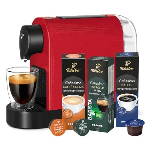 Produktbild: Tchibo Cafissimo „Pure plus“ Kaffeemaschine Kapselmaschine inkl. 30 Kapseln für Caffè Crema, Espresso und Kaffee | 0,8l | 1250 Watt | 11,9 x 33,7 x 24 cm | Rot