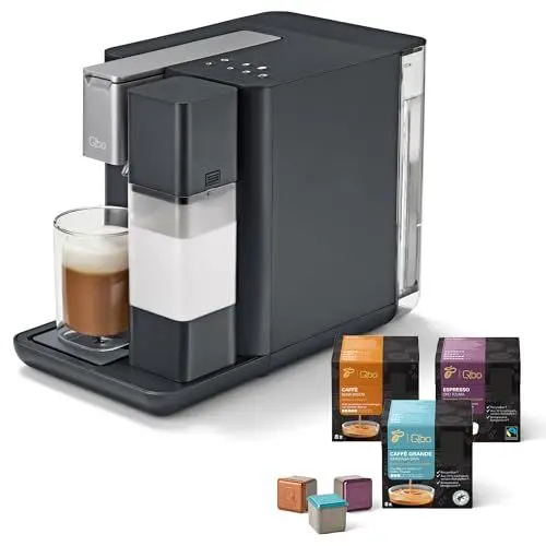 Produktbild: Tchibo Qbo MILK MASTER Premium Kapselmaschine inkl. 24 recyclebare Qbo Kapseln für Cappuccino, Espresso, Caffè Crema, Milchschaum auf Knopfdruck mit abnehmbarem Milchtank 300ml, Gently Grey