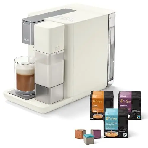 Produktbild: Tchibo Qbo MILK MASTER Premium Kapselmaschine inkl. 24 recyclebare Qbo Kapseln für Cappuccino, Espresso, Caffè Crema, Milchschaum auf Knopfdruck mit abnehmbarem Milchtank 300ml, White Cashmere
