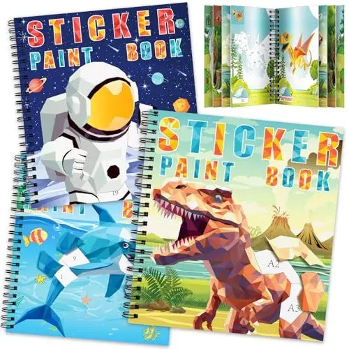 Produktbild: TCJJ 3Pcs Dinosaur Stickerbüch für Kinder 4-10 Jahren, 30 Bilder Stickerbuch Mädchen nach Nummer, Kinder Stickerbücher zur Verbesserung der Intelligenz, für Weihnachtsgeschenke, Schule