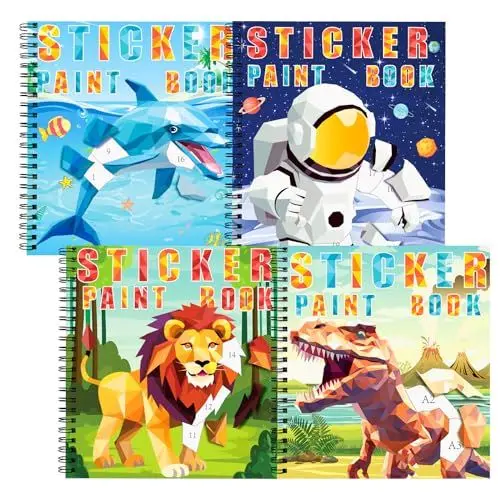 Produktbild: TCJJ 4Pcs Dinosaur Stickerbüch für Kinder 4-10 Jahren, 40 Bilder Stickerbuch Mädchen nach Nummer, Kinder Stickerbücher zur Verbesserung der Intelligenz, für Weihnachtsgeschenke, Schule