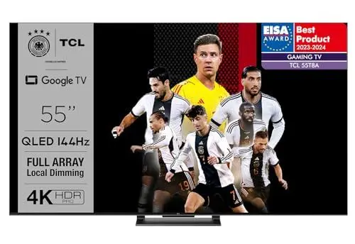 Produktbild: TCL 55T8A 55-Zoll-Fernseher, QLED, HDR 1000 nits, Full Array Local Dimming, IMAX Enhanced, 144Hz VRR, Dolby Vision und Atmos TV, Unterstützt bei Google