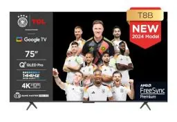 Produktbild: TCL 75T8B 75-Zoll QLED Pro 144Hz Onkyo Gaming Fernseher, 4K UHD, HDR Pro, Google TV (Dolby Vision IQ & Atmos, Motion Clarity, Freihändige Sprachsteureung, Kompatibel mit Google Assistant & Alexa)