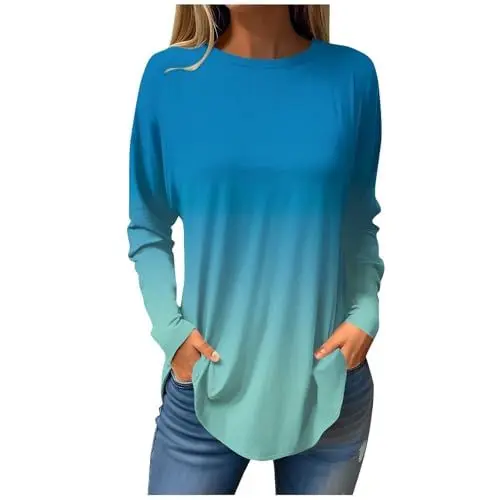 Produktbild: CUTeFiorino Oberteil Mit Reißverschluss Damen Damen Blusen Elegant Lässig T-Shirts Langarm Niedliche Tops Blumen Tuniken Tops Rundhals Sweatshirts Shirt Schwarz Damen (Blue, L)