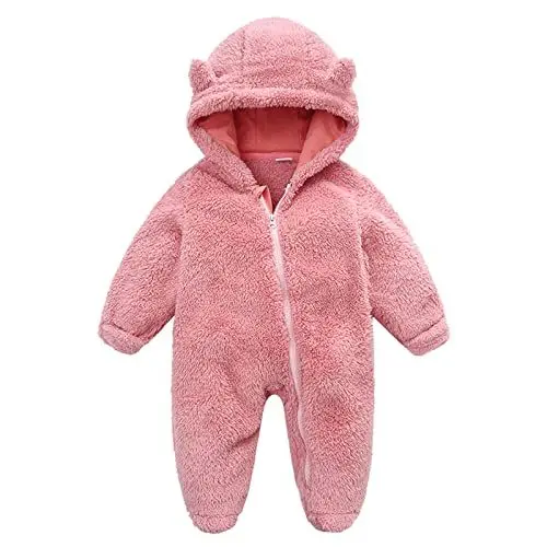 Produktbild: TDEOK Neugeborenes Baby Mädchen Junge niedliche Feste Lange Ärmel Ohr füßig mit Kapuze Reißverschluss Strampler warme Overall Outfits Kinderschlafanzug Einteiler (Pink, 3-6 Months)