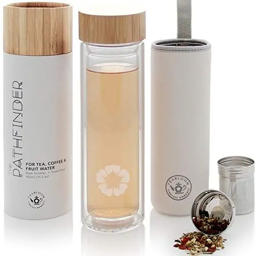 Produktbild: Teabloom Becher für alle Getränke – 0,45 l – Reiseflasche aus natürlichem Bambus und gehärtetem Glas – Teebereiter für kalten und heißen Tee – kalt aufgebrühter Kaffee