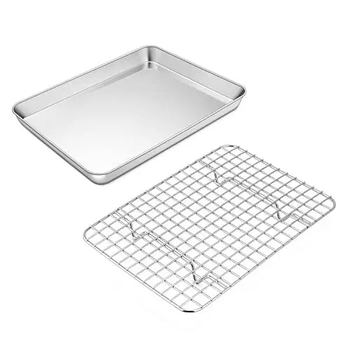 Produktbild: TEAMFAR Backblech mit Abkühlgitter, Edelstahl Mini kuchenblech ofenblech zum Backen, Rechteckig Mini ofenschale mit auskühlgitter, Ungiftig & Gesund, Spülmaschinenfest, 23,6 x 17,8 x 2,5