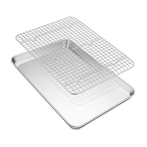 Produktbild: TEAMFAR Backblech mit Abkühlgitter, Edelstahl Rechteckig backform kuchenblech, 40,4 x 30,6 x 2,5, Groß ofenblech mit auskühlgitter zum Backen, Ungiftig & Gesund, Spülmaschinenfest
