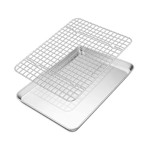 Produktbild: TEAMFAR Backblech mit Abkühlgitter, Edelstahl kuchenblech ofenblech, Rechteckig backform ofenblech mit auskühlgitter, 31,6 x 24,6 x 2,5cm, Gesund & Ungiftig, Hochglanzpoliert, Spülmaschinenfest