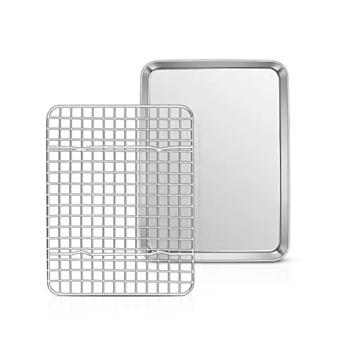 Produktbild: TEAMFAR Backblech mit Abkühlgitter, Rechteckig Klein backform kuchenblech, Edelstahl ofenblech mit auskühlgitter zum Backen, Ungiftig & Gesund, Spülmaschinenfest, 26,3 x 20,5 x 2,5