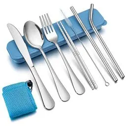 Produktbild: TEAMFAR Campingbesteck, 9-teilig Outdoor Reisebesteck Wanderbesteck aus Edelstahl, Picknick Besteck Set mit Messer Gabel Löffel, Essstäbchen, Metallstrohhalme, Reinigungsbürste, Blau Etui & Tasche