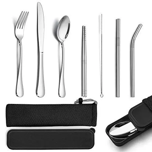Produktbild: TEAMFAR Campingbesteck, 9-teilige Outdoor Reisebesteck Wanderbesteck aus Edelstahl, Picknick Besteck Set mit Messer Gabel Löffel, Essstäbchen, Metallstrohhalme, Reinigungsbürste, Schwarz Etui & Tasche