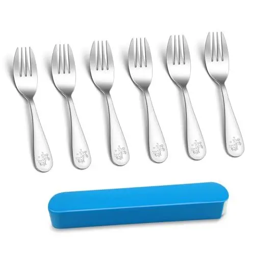 Produktbild: TEAMFAR Kinderbesteck Set, 6 Stück Edelstahl Poliert Kindergabel mit Giraffen Gravur, Kinder Besteck Set ab 1-3 Jahre, Kleinkinder Gabel Set mit Besteck Box, Kleiner Kindergabeln für Jungen & Mädchen