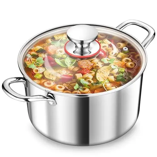 Produktbild: TEAMFAR Kochtopf Groß 24cm, 3-Lagen Edeastahl 5,7L Topf mit Glasdeckel für alle Herdarten, Suppentopf Nudeltopf Induktion zum Kochen, Edelstahl poliert & Unbeschichtet, Gesund, Spülmaschinenfest