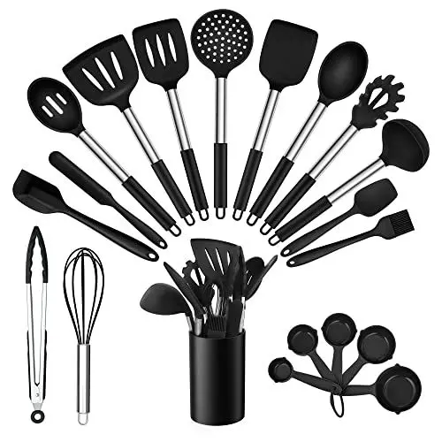 Produktbild: TEAMFAR Küchenhelfer, 20 Stück Silikon Schwarz Kochbesteck Kochutensilien Set mit Edelstahlgriff, Hitzebeständiger Antihaft Küchenutensilien mit Utensilienhalter, Gesund & Leicht zu reinigen