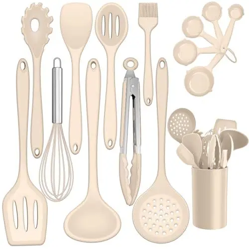 Produktbild: TEAMFAR Küchenhelfer Set, 15 Stück Küchenutensilien zum Kochen, Hitzebeständiger Silikon Pfannenwender mit Utensilienhalter, Spülmaschinenfest, Khaki