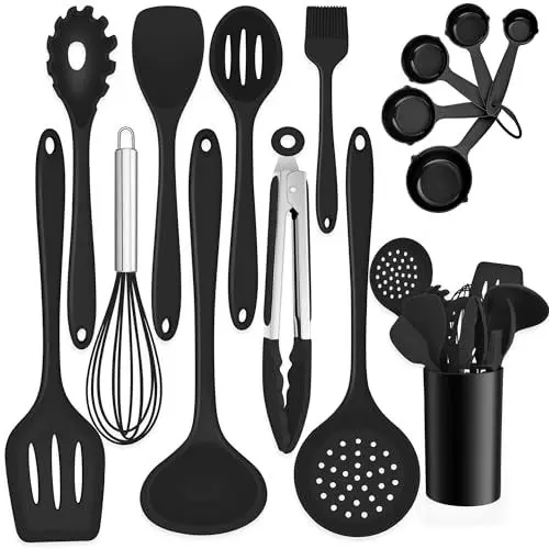 Produktbild: TEAMFAR Küchenhelfer Set, 15 Stück Silikon Küchenutensilien Kochbesteck Set mit Utensilienhalter, Schwarz Antihaft Pfannenwender zum Kochen, Hitzebeständiger & Lebensmittelqualität, Spülmaschinenfest
