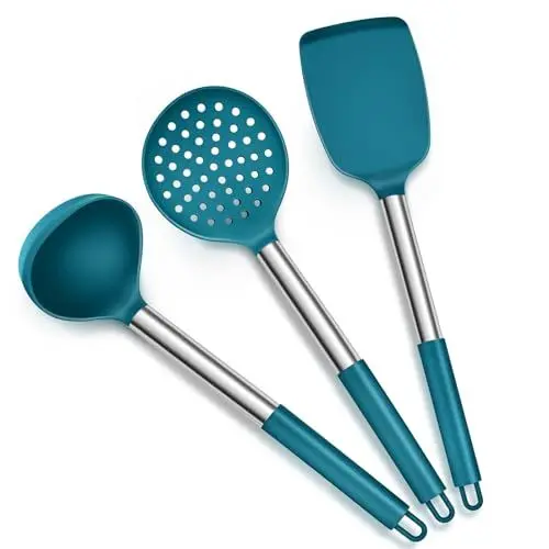 Produktbild: TEAMFAR Küchenhelfer Set, 3 Stück Hitzebeständig Silikon Pfannenwender Küchenutensilien Set mit Edelstahlgriff, Antihaft Kochbesteck Küchenset zum Kochen, Leicht zu Reinigen & Spülmaschinenfest, Blau