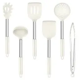 Produktbild: TEAMFAR Küchenhelfer Set, 6 Stück Silikon Küchenutensilien Set mit Edelstahlgriff, Hitzebeständiger Antihaft Kochbesteck Küchenset zum Kochen, Weiß