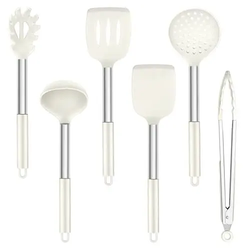 Produktbild: TEAMFAR Küchenhelfer Set, 6 Stück Silikon Küchenutensilien Set mit Edelstahlgriff, Hitzebeständiger Antihaft Kochbesteck Küchenset zum Kochen, Weiß
