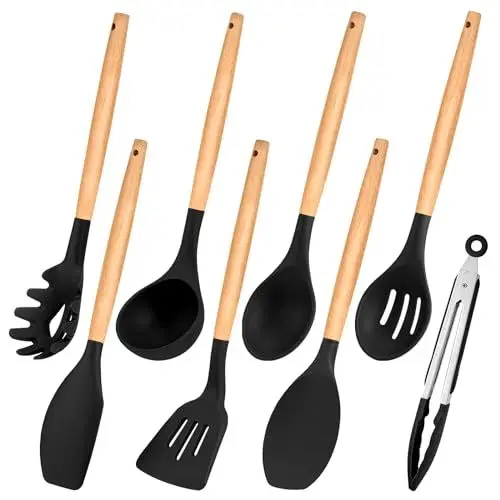 Produktbild: TEAMFAR Küchenhelfer Set, 8 Stück Schwarz Silikon Küchenutensilien Kochbesteck Set mit Holzgriff, Hitzebeständiger Kochutensilien Set zum Kochen, Backen, Leicht zu Reinigen