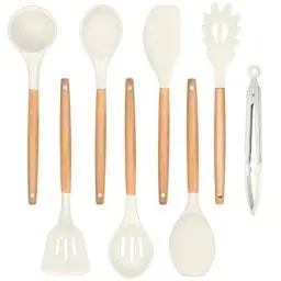 Produktbild: TEAMFAR Küchenhelfer Set, 8 Stück Silikon Küchenutensilien Kochbesteck Set mit Holzgriff, Hitzebeständiger Weiß Kochutensilien Set zum Kochen Backen