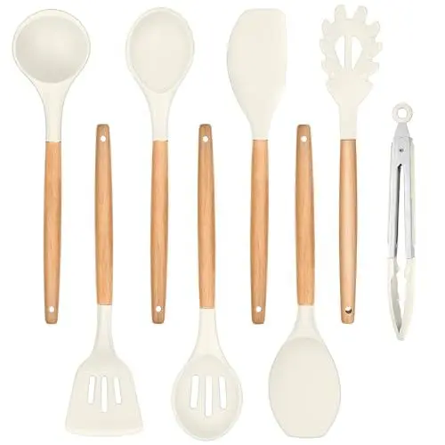 Produktbild: TEAMFAR Küchenhelfer Set, 8 Stück Silikon Küchenutensilien Kochbesteck Set mit Holzgriff, Hitzebeständiger Weiß Kochutensilien Set zum Kochen Backen