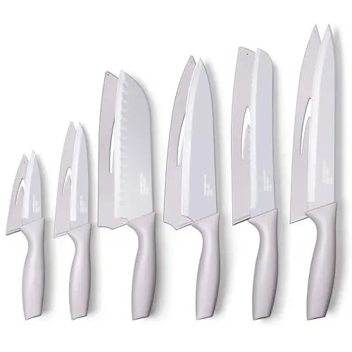 Produktbild: TEAMFAR Küchenmesser, 6-tlg Edelstahl Messer Set mit Schutzhülle, Scharfe Messerset mit Antihaftbeschichtet, Inkl. Kochmesser Brotmesser Santokumesser Fleischmesser Schälmesser Allzweckmesser, Khaki