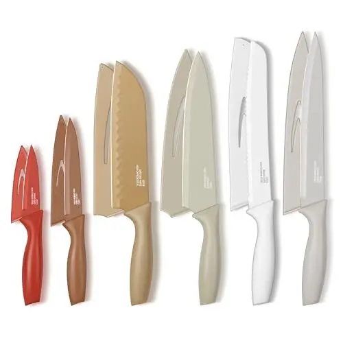 Produktbild: TEAMFAR Küchenmesser Set, 6-teilig Edelstahl Messer Set mit Schutzhülle, Scharfe Messerset mit Kochmesser Brotmesser Santokumesser Fleischmesser Schälmesser Allzweckmesser, Antihaftbeschichtet, Bunt
