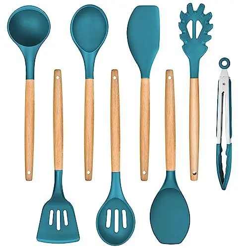 Produktbild: TEAMFAR Küchenutensilien Set, 8 Stück Antihaft Hitzebeständiger Silikon Küchenhelfer Kochbesteck Set mit Holzgriff, Kochutensilien Set mit Pfannenwender zum Kochen, Leicht zu Reinigen, Blau