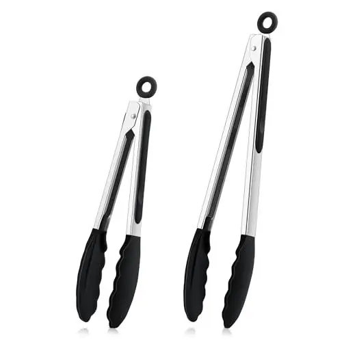 Produktbild: TEAMFAR Küchenzange, 2 Stück Edelstahl Grillzange Nudelzange Set, Hitzebeständig Kochzange mit Antihaft Silikonspitze, 30,3cm & 23,7cm Fleischzange zum Kochen & Grillen, Spülmaschinenfest - Schwarz