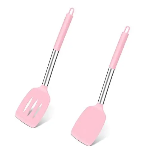 Produktbild: TEAMFAR Pfannenwender, 2 Stück Silikon Küchenhelfer Spachtel mit Edelstahlgriff, Hitzebeständiger Antihaft Rosa Küchenutensilien, Spülmaschinenfest
